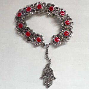 Silver Tone Hamsa Red Enamel Panel Bracelet
